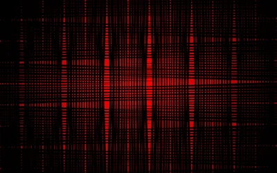 A grid of red pixels and scan lines pulses across black, brightest at the centre where the lines cross.