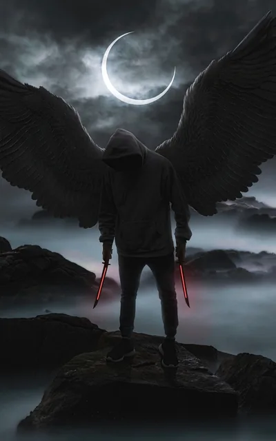 A hooded figure with huge feathered wings stands on a rock holding two red blades, a crescent moon breaking through cloud above.