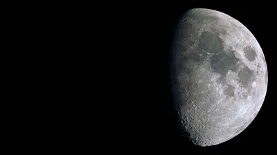 Sunlight catches the right half of the moon while the rest of the frame falls to pure black, leaving two-thirds of the screen empty.