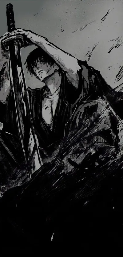 A swordsman drags his katana free in rough ink brushwork, black splatter swallowing the lower half of the tall monochrome frame.
