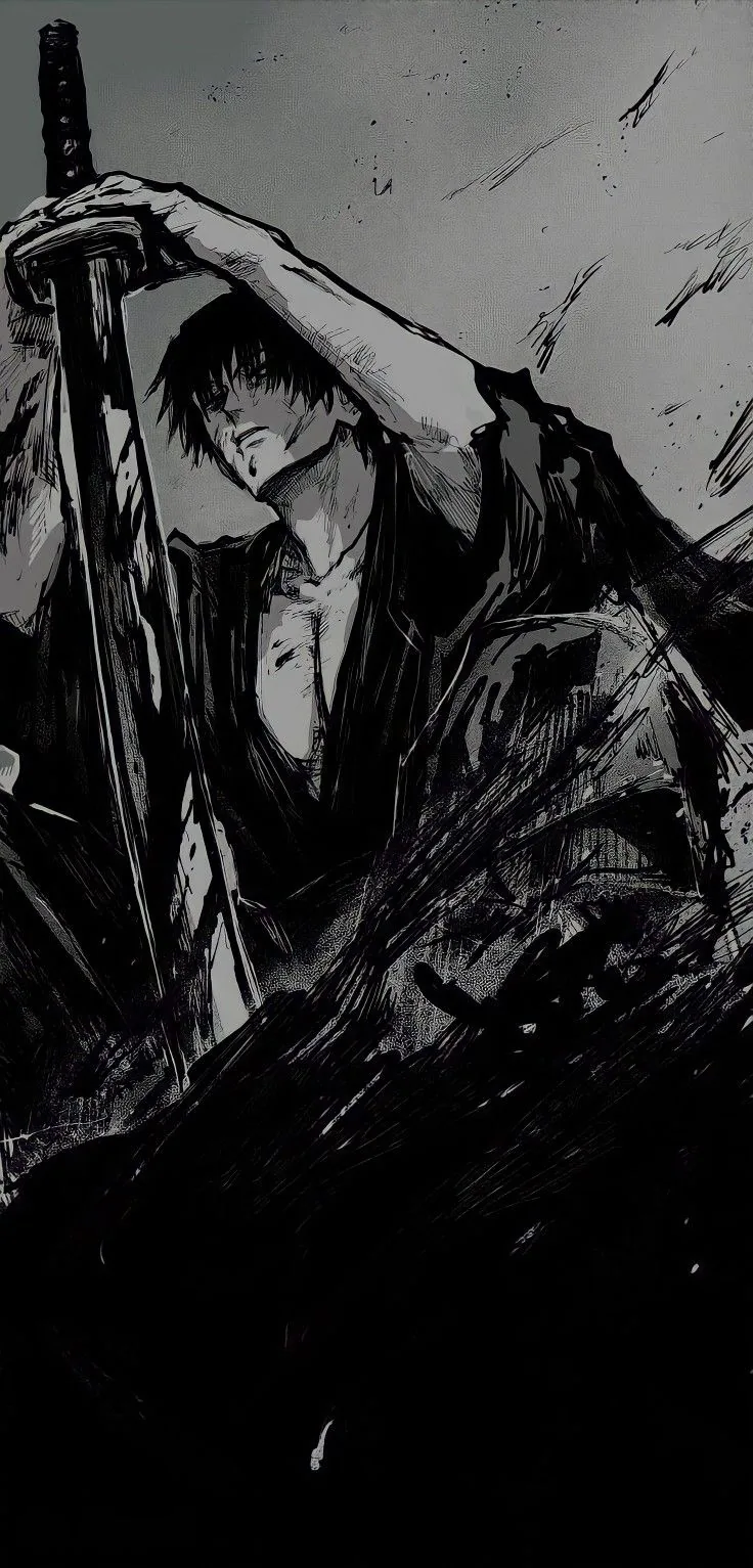 A swordsman drags his katana free in rough ink brushwork, black splatter swallowing the lower half of the tall monochrome frame.