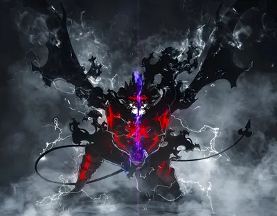 A full-bodied winged devil crouches at centre in red armour plating, purple light glowing along its spine while grey smoke curls around every edge of the frame.