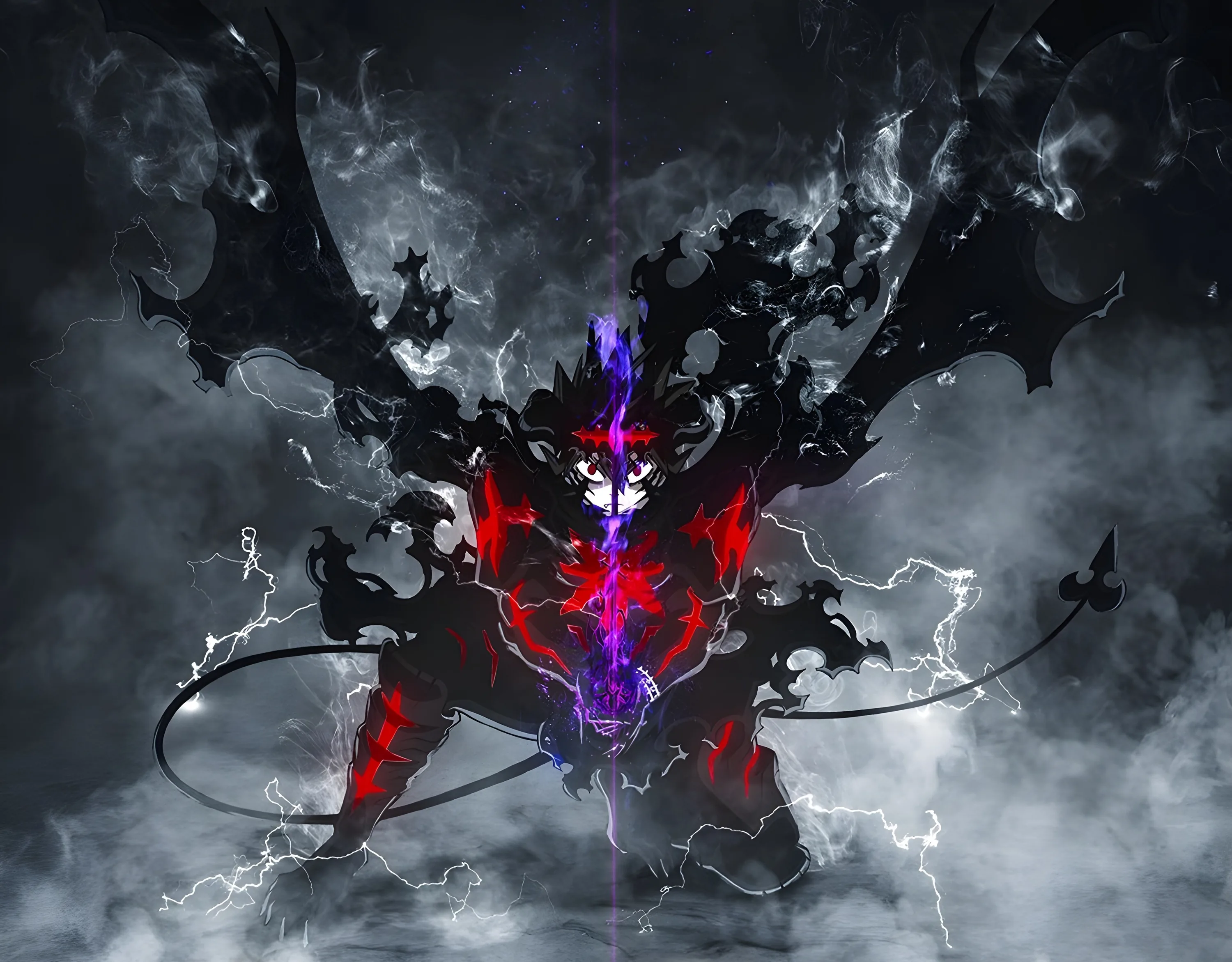 A full-bodied winged devil crouches at centre in red armour plating, purple light glowing along its spine while grey smoke curls around every edge of the frame.