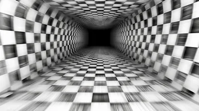 A checked floor, walls and ceiling rush toward a dark opening at the centre, the squares blurring with the speed of the perspective.