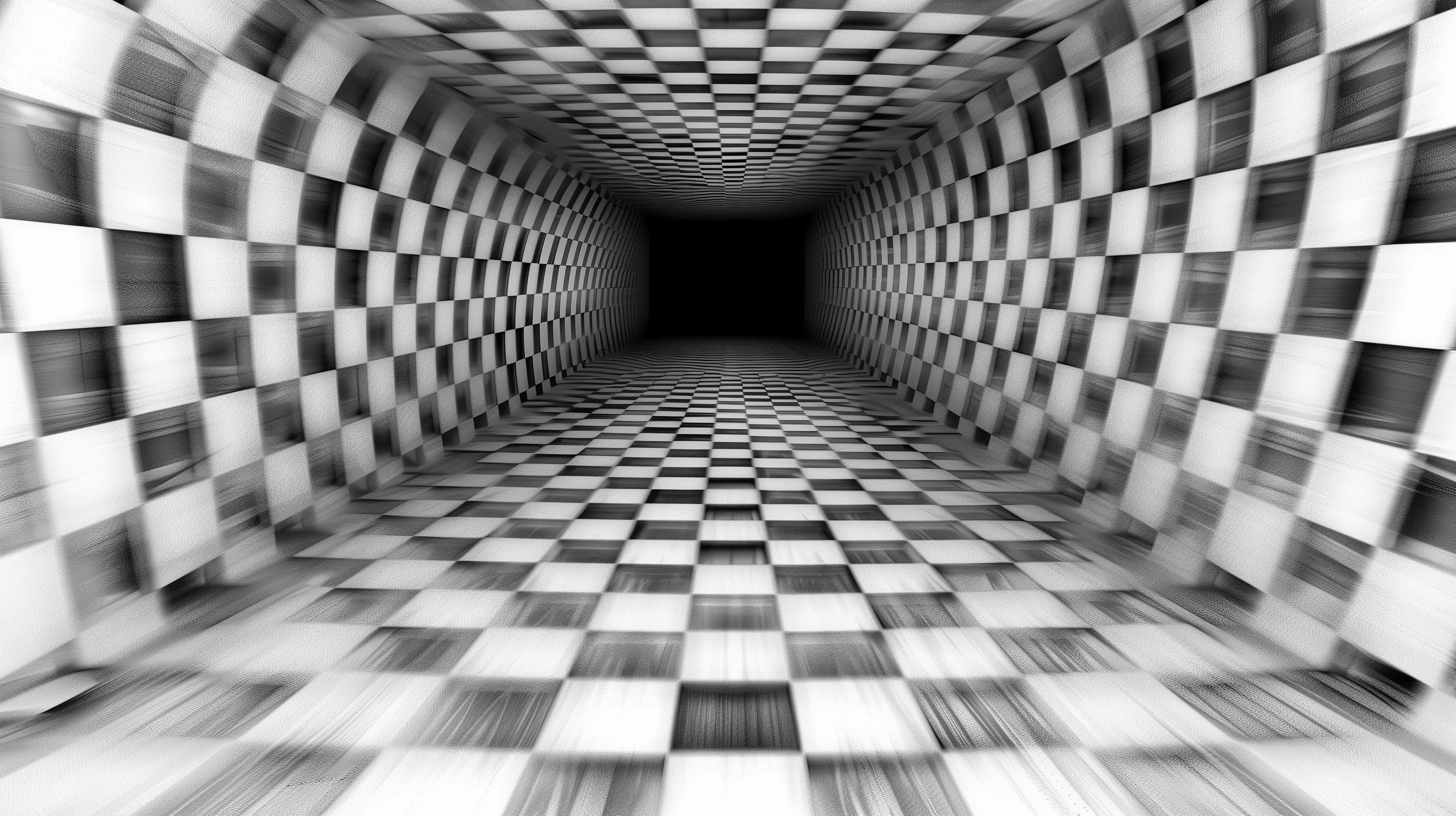 A checked floor, walls and ceiling rush toward a dark opening at the centre, the squares blurring with the speed of the perspective.