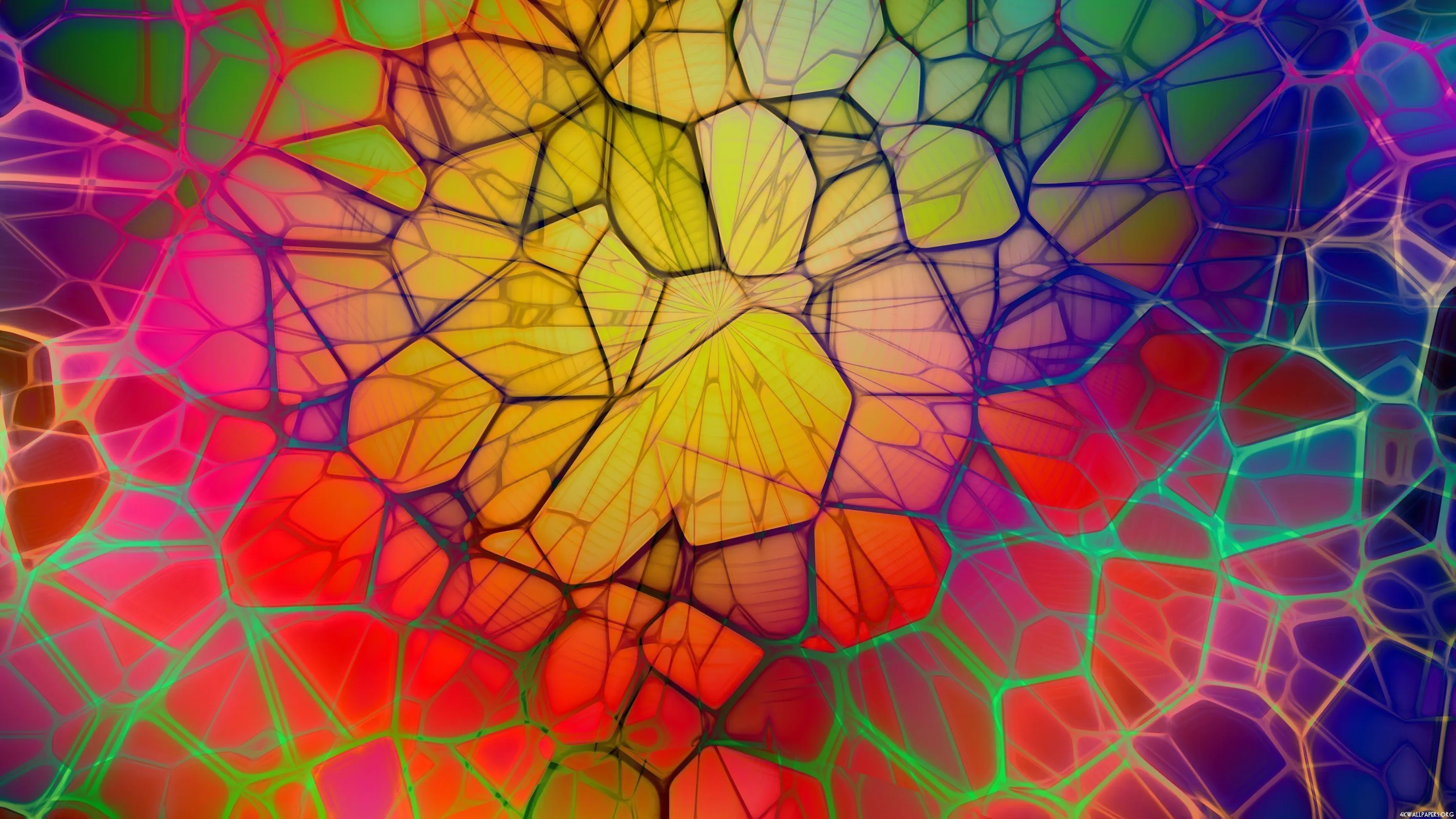 A honeycomb of cracked glass cells shifts from a pale yellow centre through red, pink, and green edges, every cell veined like a leaf under backlight.