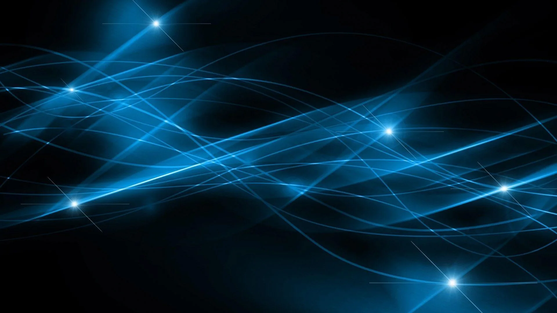 Dozens of hair-thin light fibres weave across the dark in loose horizontal waves, flaring into small starbursts wherever the strands cross.