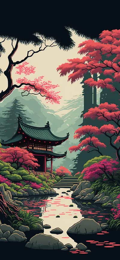 A green-roofed pagoda sits left of centre among red maple trees, a stone-dotted stream running down the lower third beneath a dark branch canopy at top.