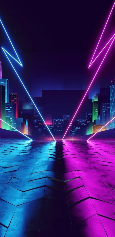 Pink and blue lightning shapes hang above a hex-tiled road running into a night skyline, the glowing purple tiles brightest along the bottom edge of the screen.