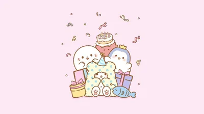 A huddle of pastel seals shares cakes and presents under falling confetti, packed into the centre of a wide pink field with both sides empty.