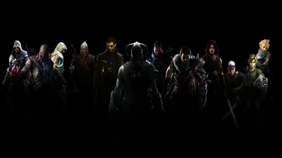A dozen video game figures stand shoulder to shoulder in a line, most of them dropped so far into shadow that only armour edges and weapons show.