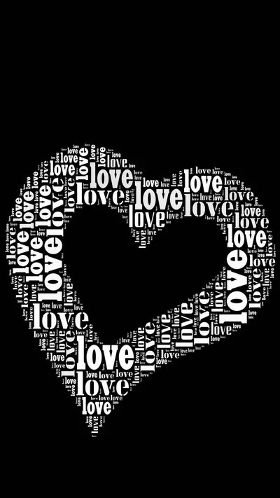 The word love typed at every size builds the body of a heart in white on black, the middle hollowed out where the letters stop.