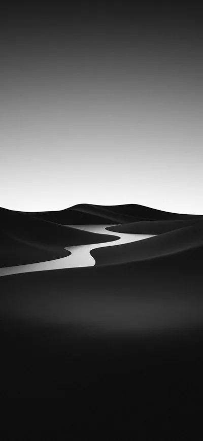 Soft dark dunes ripple across the lower frame with one pale ridge snaking between them, the sky above left almost empty.