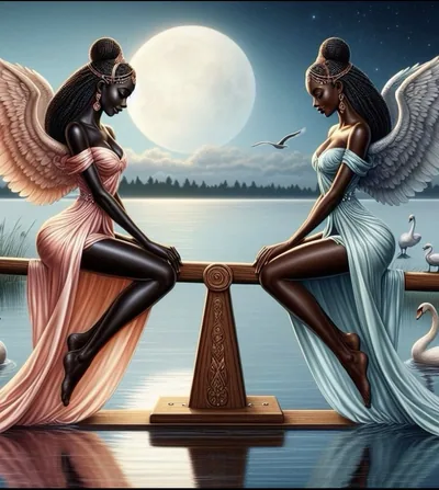 Two women in pastel gowns with feathered wings balance on a wooden seesaw over still water, a full moon behind them and swans drifting past the base.