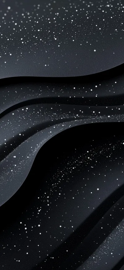 Smooth charcoal ridges fold across a tall frame, scattered white specks drifting over them like fine sand.