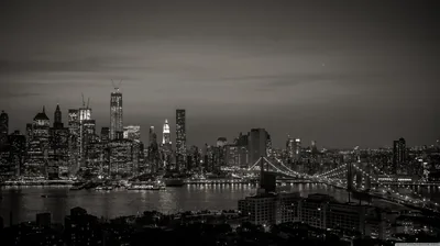 A whole skyline and suspension bridge sit under a heavy sky, the water black and the lights spread thin along the shore.