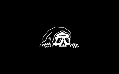 A hooded skull and two bony hands rise just above an unseen edge, drawn flat white on black with the whole lower half left empty.