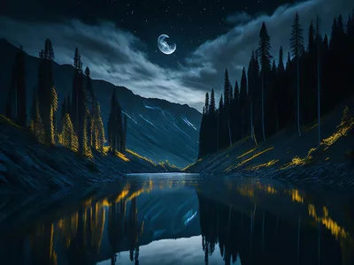 A crescent moon lights a narrow valley of pines and steep slopes, the lake below holding the reflection in cold blue tones.