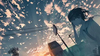 A girl shields her eyes below a sunset sky broken into hundreds of small clouds, power lines and a road sign anchoring the lower corners.