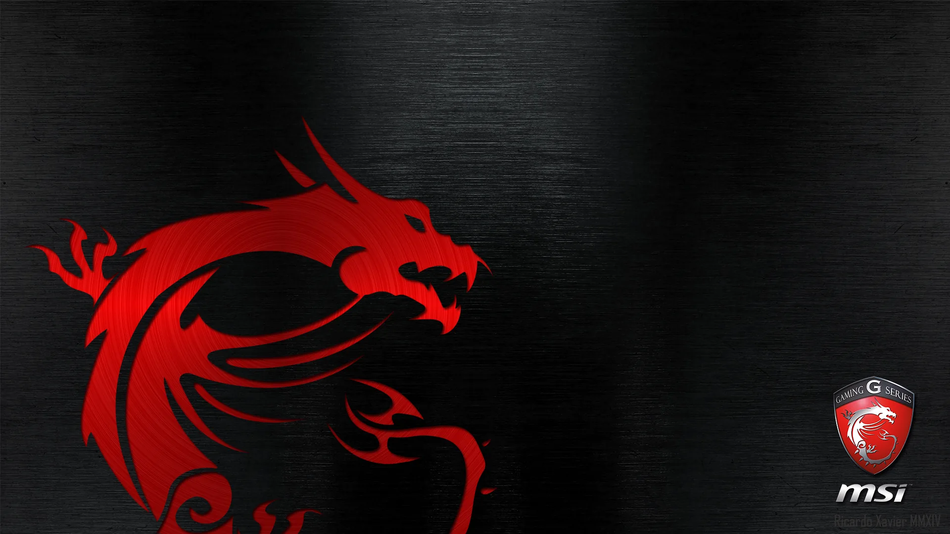 The MSI dragon crest sits in deep red over vertically brushed dark steel, with the small MSI badge tucked into the lower right corner.