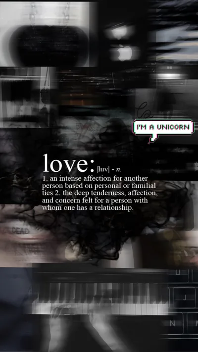 A dictionary entry for love sits over blurred photocopied strips, a small I am a unicorn tag pinned in the upper right of the grey collage.