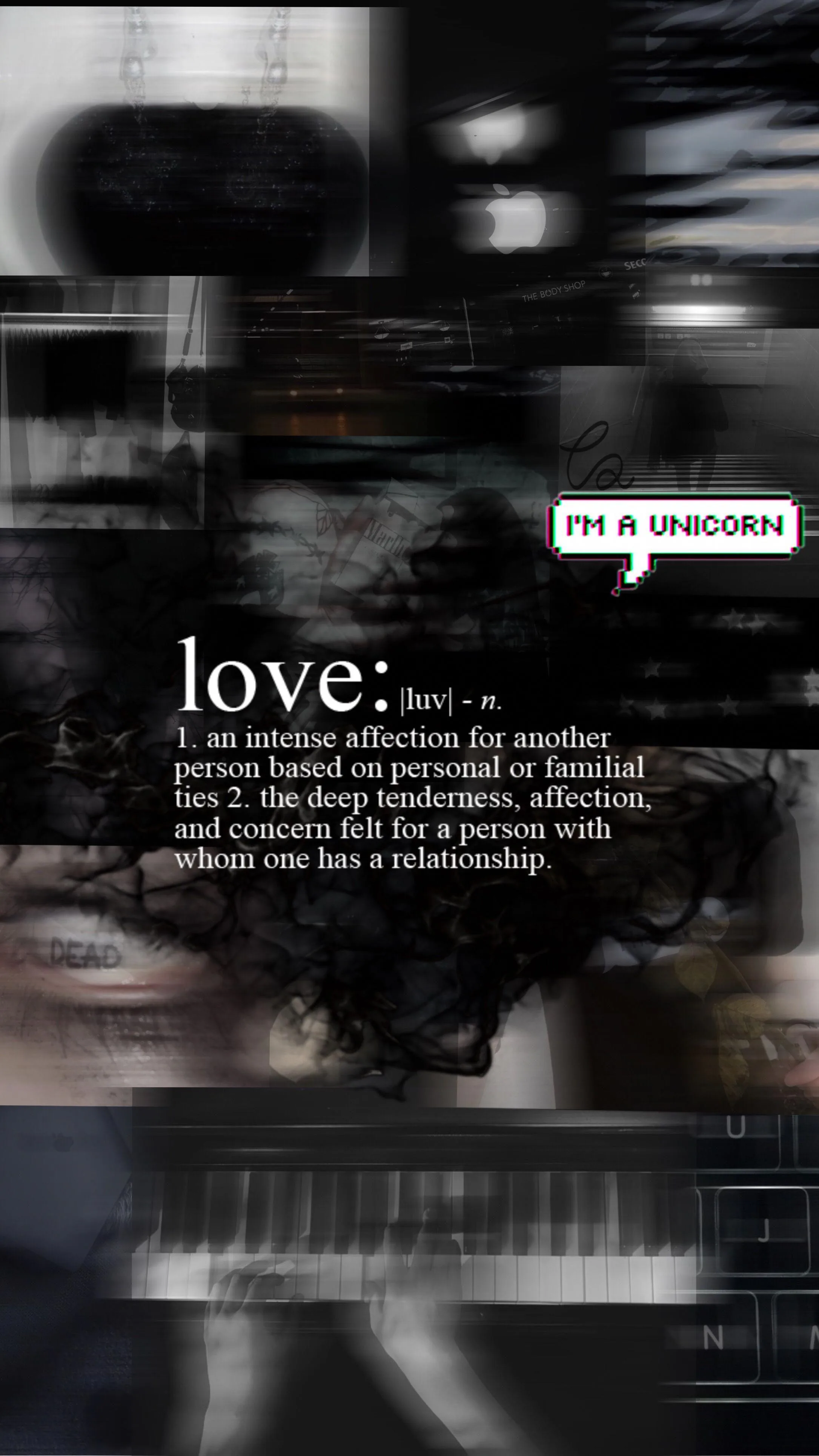 A dictionary entry for love sits over blurred photocopied strips, a small I am a unicorn tag pinned in the upper right of the grey collage.
