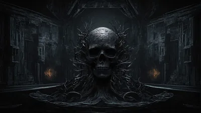 A vast skull sits enthroned at the end of a pillared hall, wrapped in dark roots, with two small amber lanterns as the only warm light.