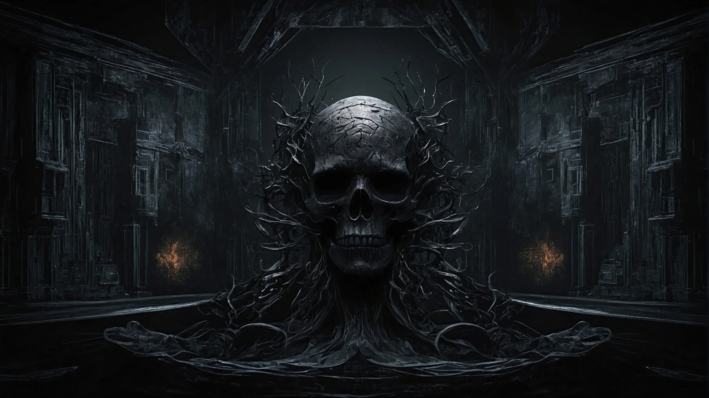 A vast skull sits enthroned at the end of a pillared hall, wrapped in dark roots, with two small amber lanterns as the only warm light.