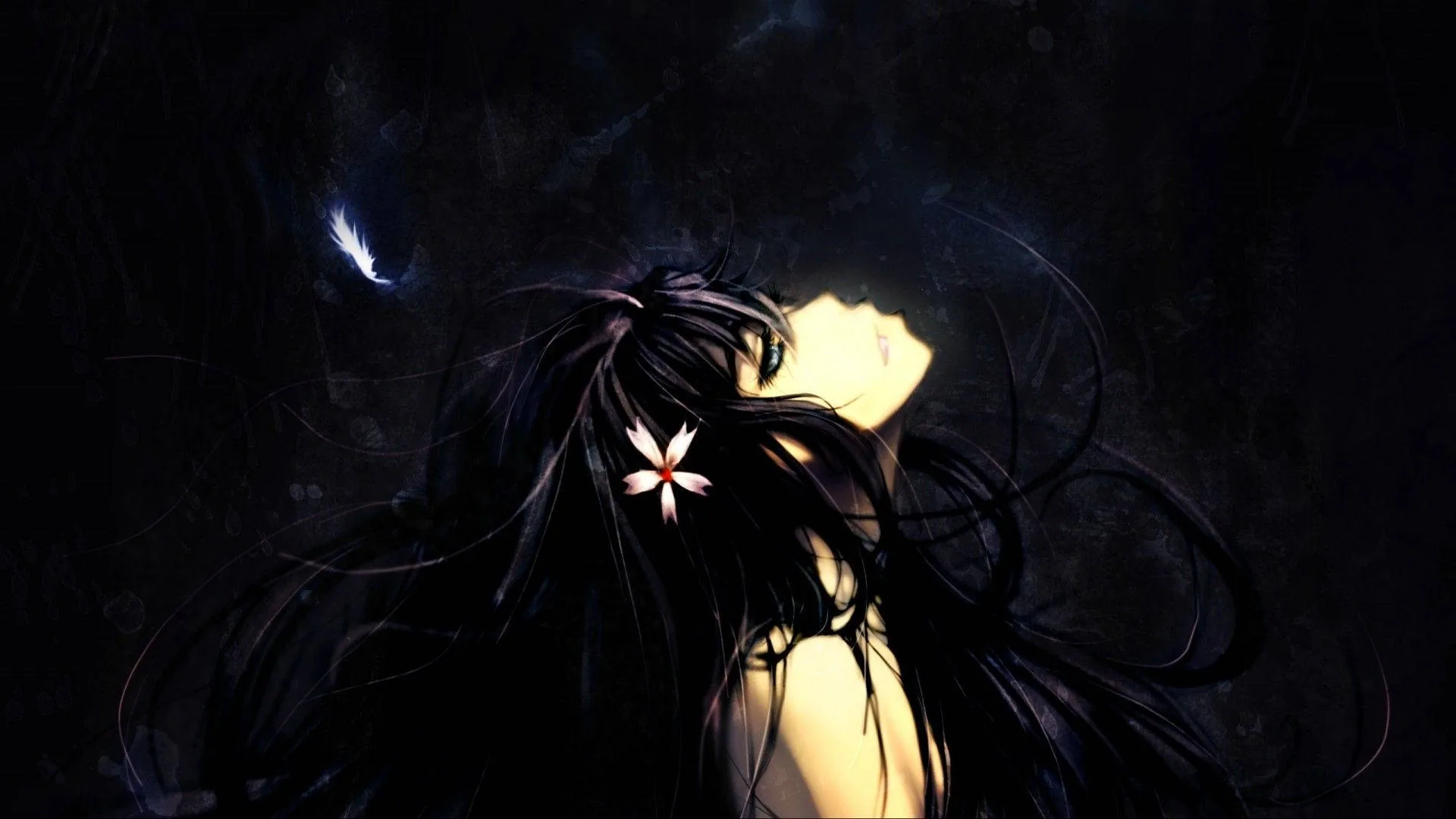 Her head tips back into swirling black hair with a single white bloom pinned at the side, one thin blue spark floating in the upper left.