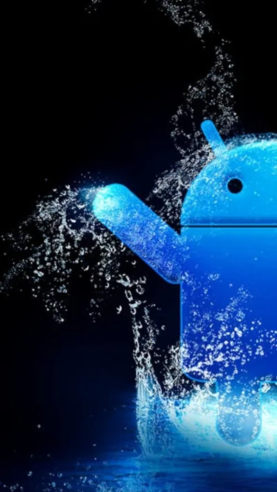 A shiny blue Android robot raises one arm as water splashes around it, droplets frozen mid-air against a blue-black backdrop.