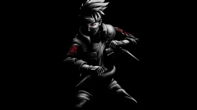 Kakashi lands in a low crouch with a kunai reversed in his hand, rendered in grey except for the red spirals on his vest.