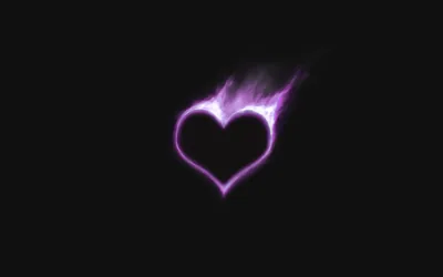 A thin violet heart outline burns on black, a wisp of smoke lifting from its upper right edge.