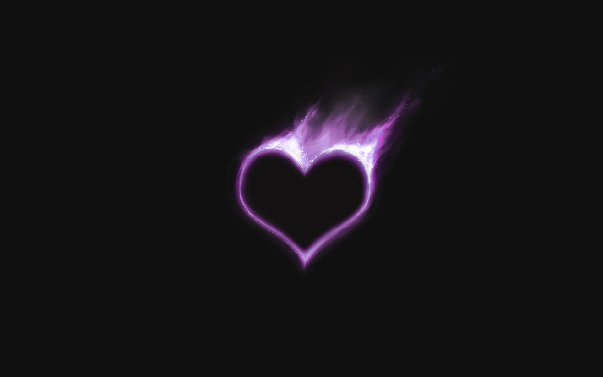 A thin violet heart outline burns on black, a wisp of smoke lifting from its upper right edge.