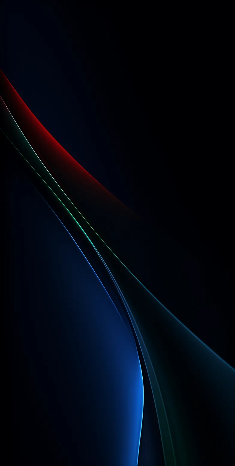 Two slim arcs sweep through a near-black frame, one edged in red at the top and the other glowing blue where it meets the left side.