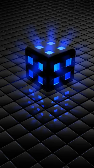 A black cube studded with glowing blue squares sits on a quilted tile floor, its light reflected in the panels below and around it.