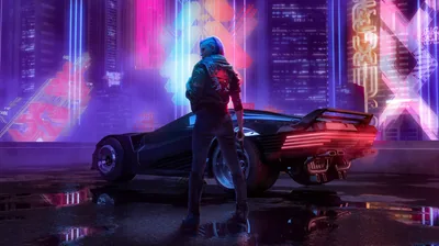 A figure leans on a low black car on wet asphalt, pink and cyan tower lights reflecting in the puddles across the bottom of the frame.