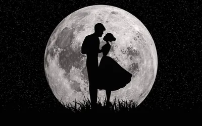 A cratered full moon fills the frame behind two silhouettes leaning in to kiss, tall grass cutting across the bottom of the starfield.