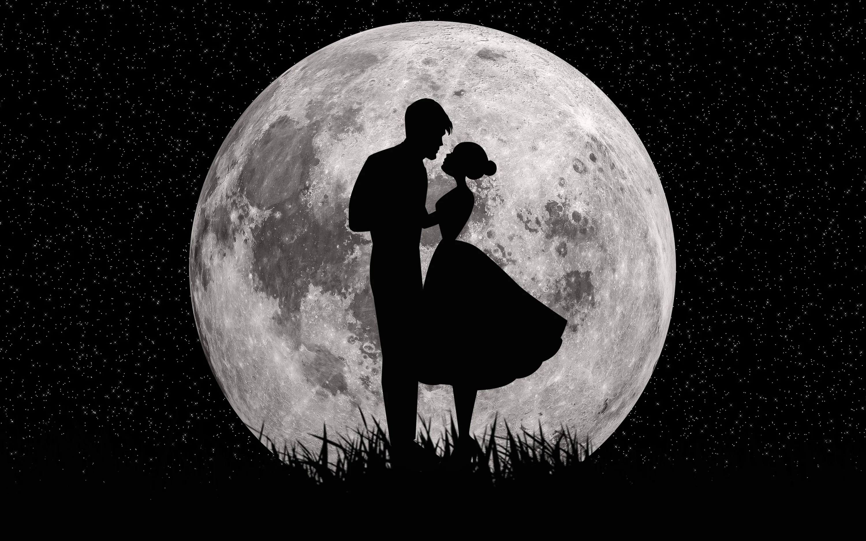 A cratered full moon fills the frame behind two silhouettes leaning in to kiss, tall grass cutting across the bottom of the starfield.