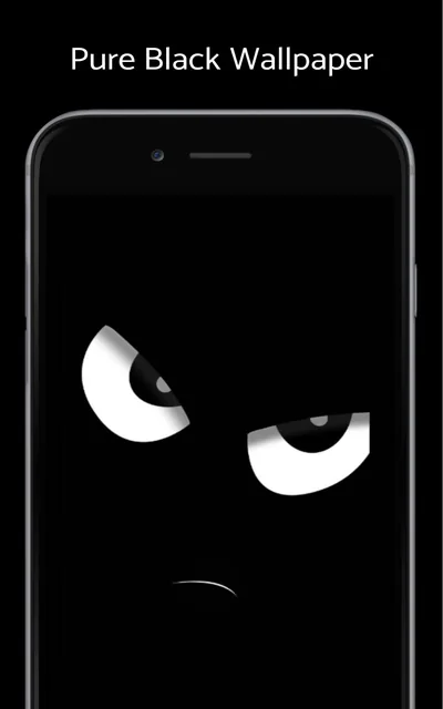 A pair of narrowed white eyes and a small frown float on solid black, shown filling a phone display against a black backdrop.