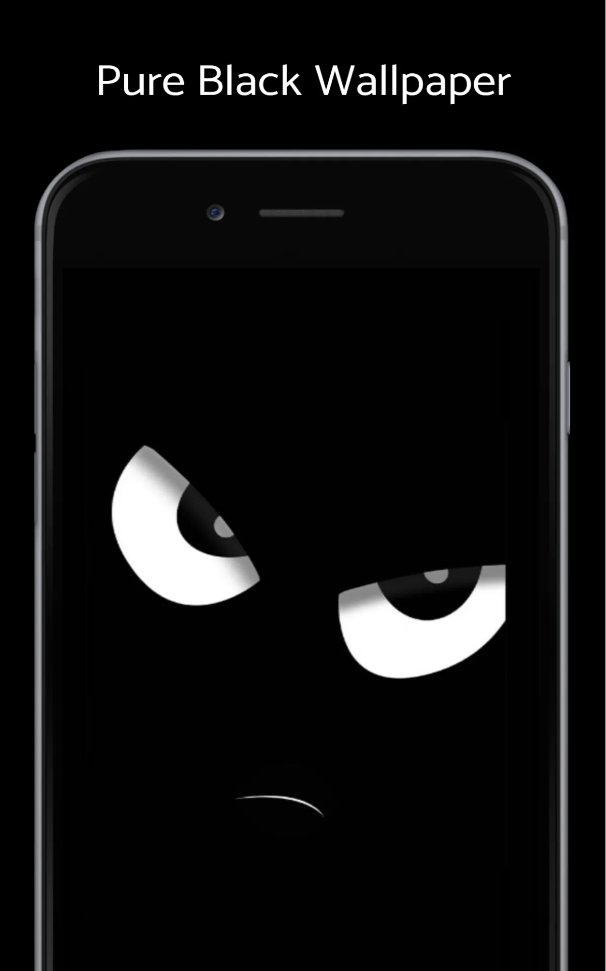 A pair of narrowed white eyes and a small frown float on solid black, shown filling a phone display against a black backdrop.