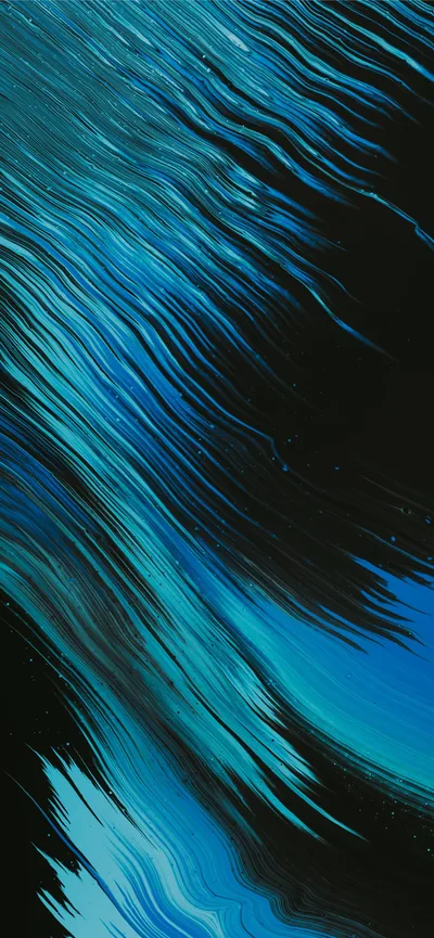 Long feathered strokes of cyan and cobalt sweep diagonally through black, the paint thinning to hairlines at the top edge.