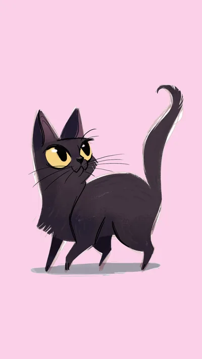 A stylised black cat struts with its tail curled high, drawn with big yellow eyes on a flat pink field.