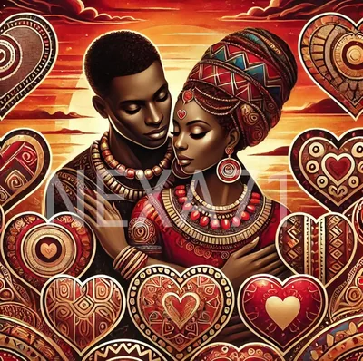 An illustrated pair in red and gold dress with a tall headwrap, surrounded by hearts covered in tribal patterning, a warm sunset behind them.