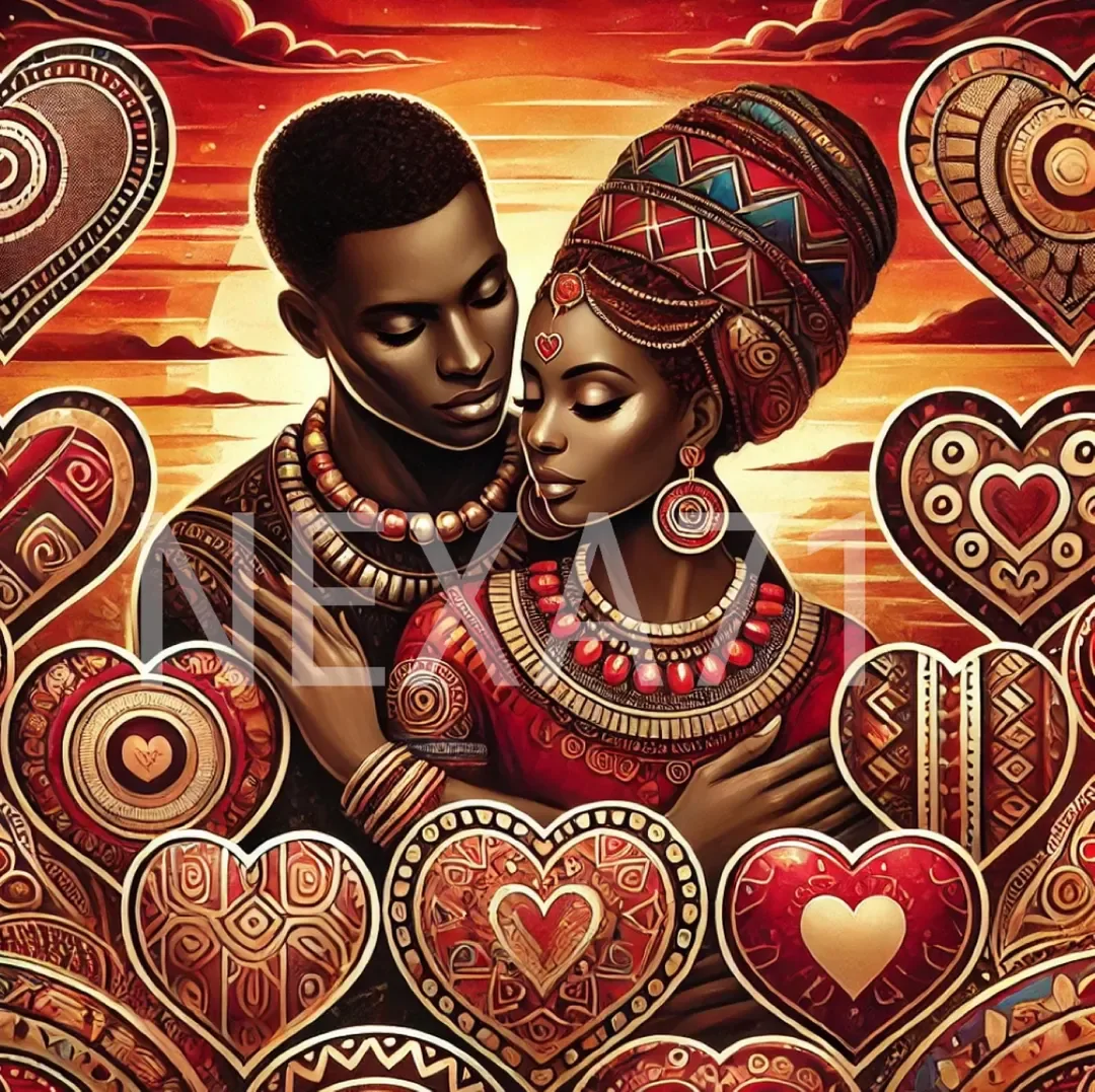 An illustrated pair in red and gold dress with a tall headwrap, surrounded by hearts covered in tribal patterning, a warm sunset behind them.
