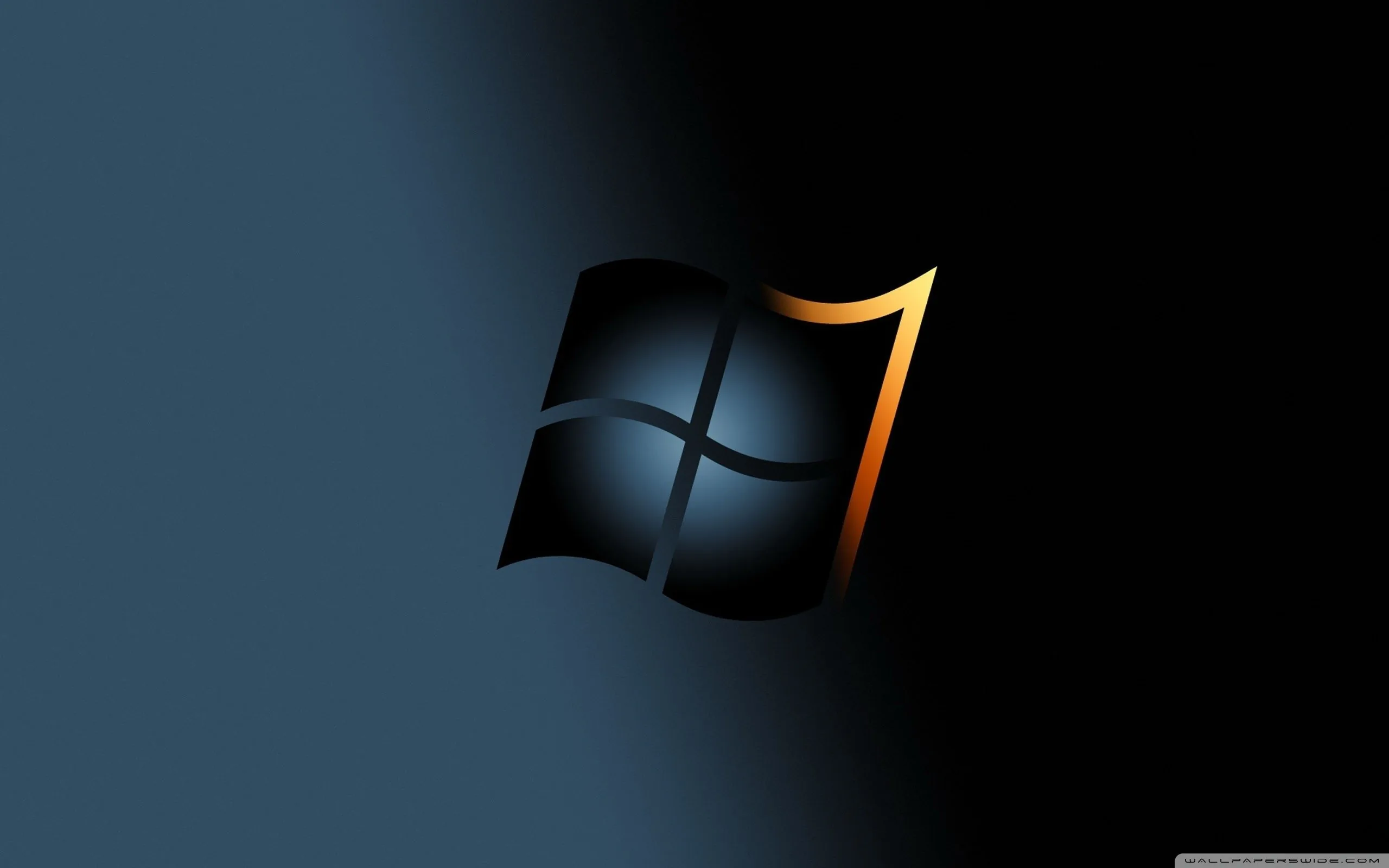 The Windows flag rendered in dark blue with a gold ribbon curling from its upper right, set on a deep navy-to-black gradient.