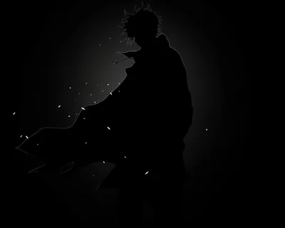 A spiky-haired anime figure stands in silhouette with his coat blowing left, lit faintly from behind so only the outline shows against flat black.