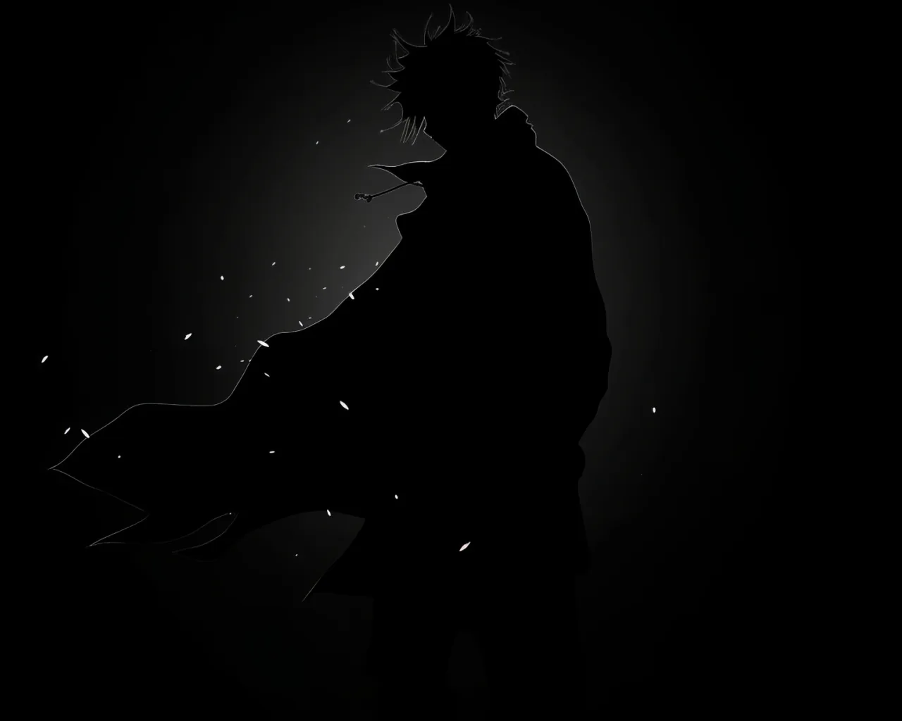 A spiky-haired anime figure stands in silhouette with his coat blowing left, lit faintly from behind so only the outline shows against flat black.