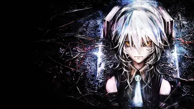 An orange-eyed character with spiked white hair faces forward while shards of blue and violet light break apart across the black background.