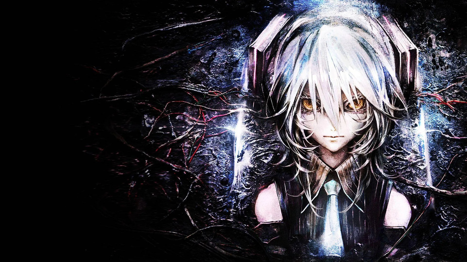 An orange-eyed character with spiked white hair faces forward while shards of blue and violet light break apart across the black background.