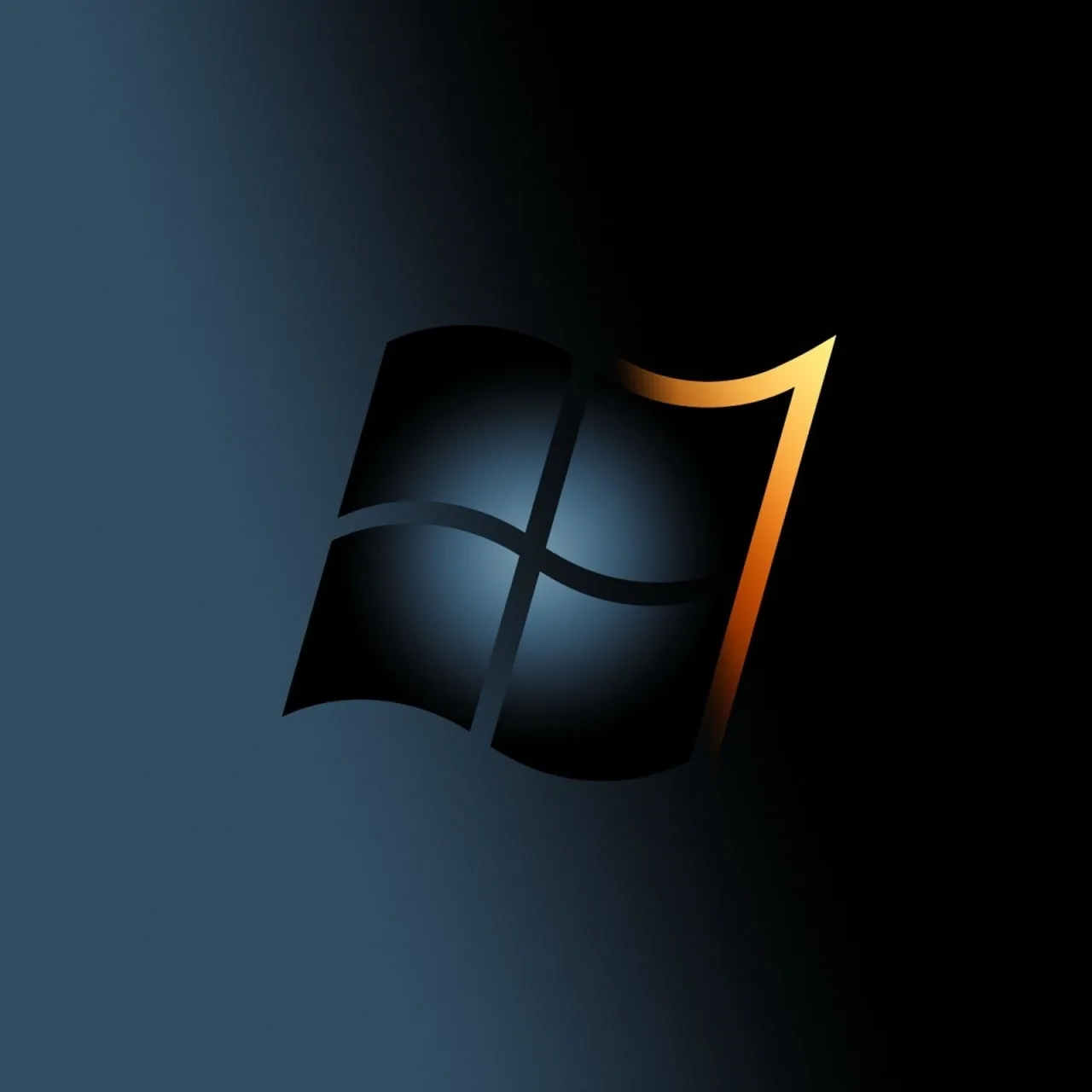 The window flag rendered in dark steel blue with an orange numeral seven rising behind it on a square near-black field.